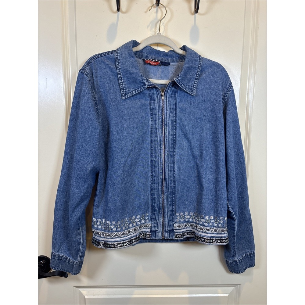 Vintage AGAPO Denim Zip Jacket Size XL Metallic Silver Embroidered